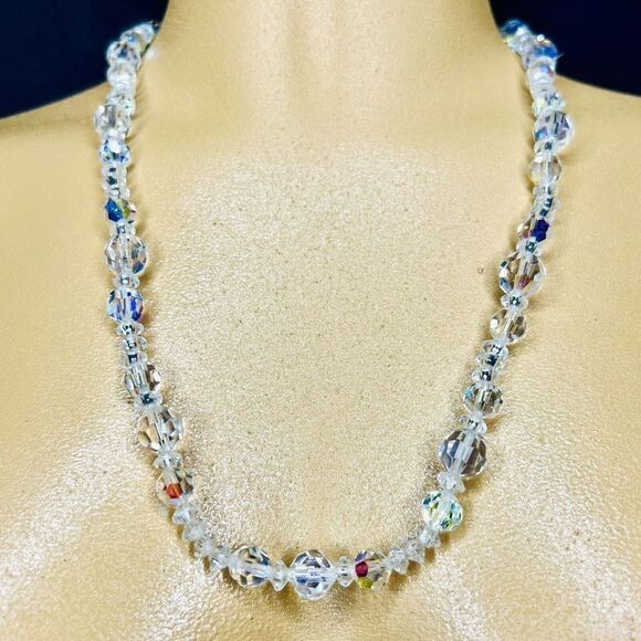 Vintage Clear AB Aurora Borealis Glass Rondelle Beaded Necklace BEAUTIFUL  4117 - Picture 1 of 10
